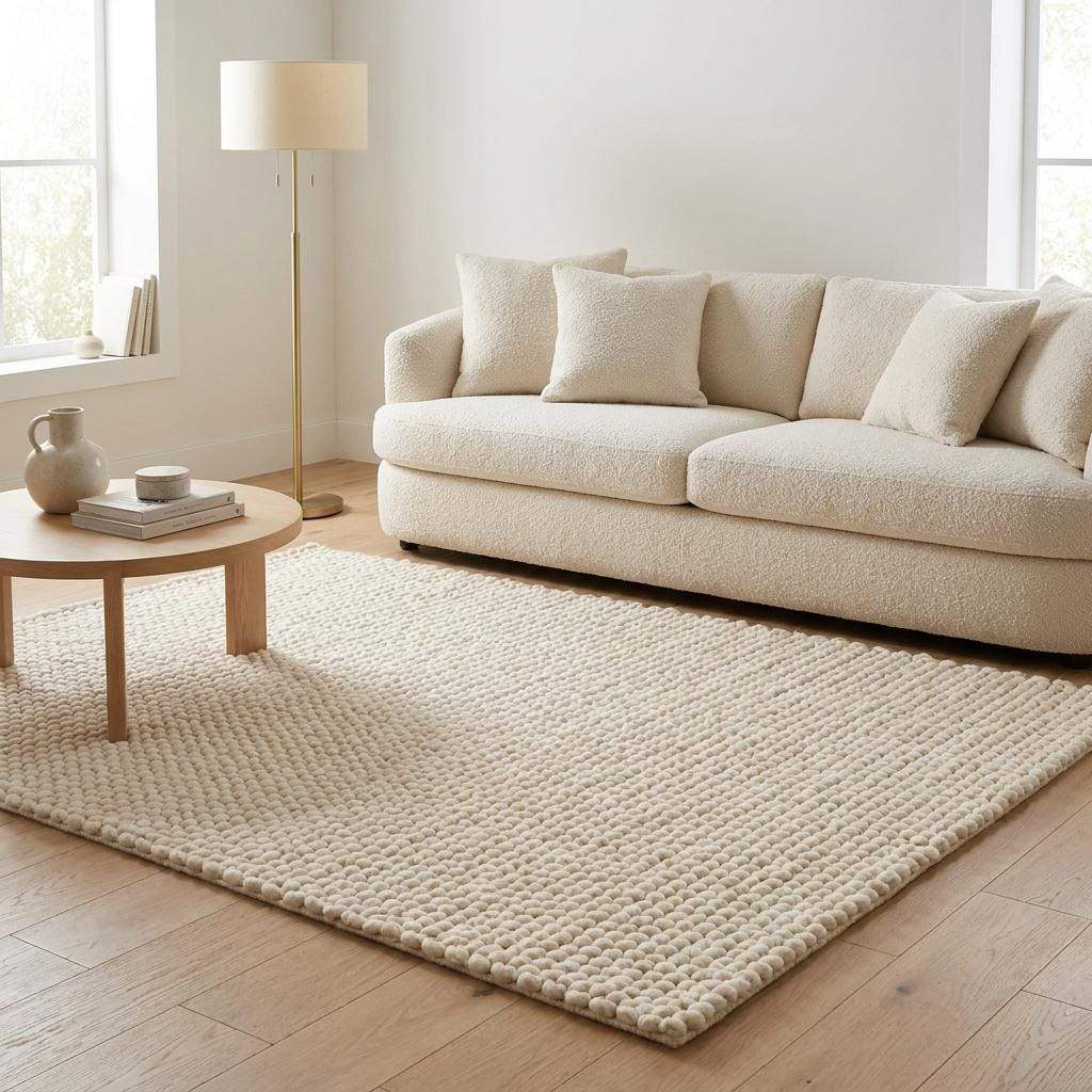 Chunky knit wool rug with thick handwoven yarn in neutral boho style for cozy home decor