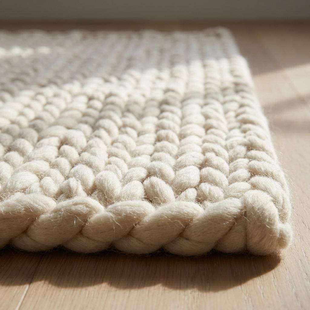 Chunky knit wool rug handwoven thick yarn neutral boho area rug cozy hygge home decor