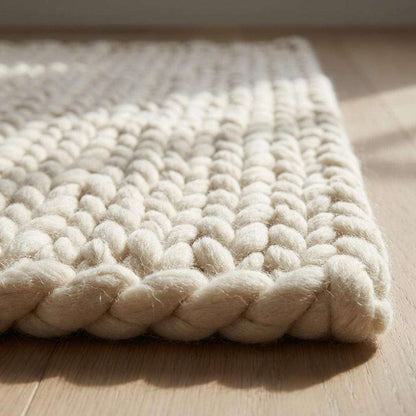 Chunky knit wool rug handwoven thick yarn neutral boho area rug cozy hygge home decor