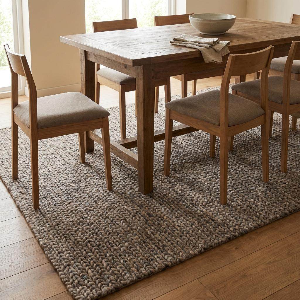 Chunky wool area rug with thick braided texture in neutral brown for modern farmhouse decor