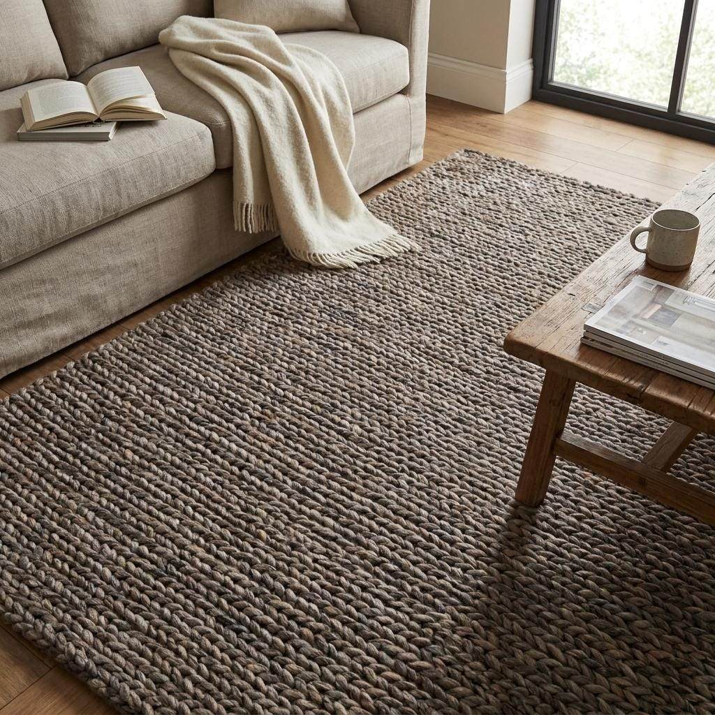 Handwoven chunky wool area rug with thick braided texture in neutral brown tones for modern farmhouse decor