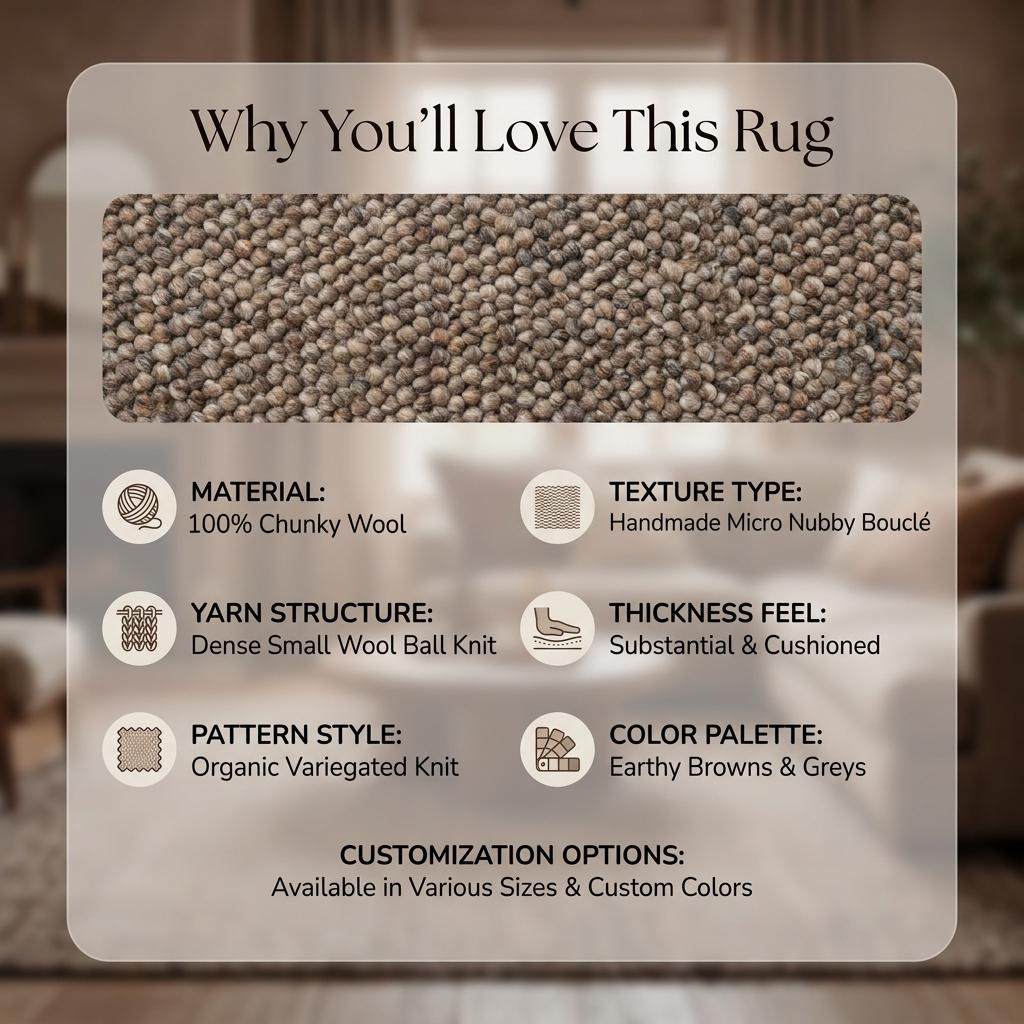 Handwoven chunky wool area rug with thick braided texture in neutral brown for modern farmhouse decor