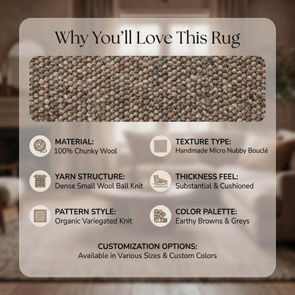 Handwoven chunky wool area rug with thick braided texture in neutral brown for modern farmhouse decor