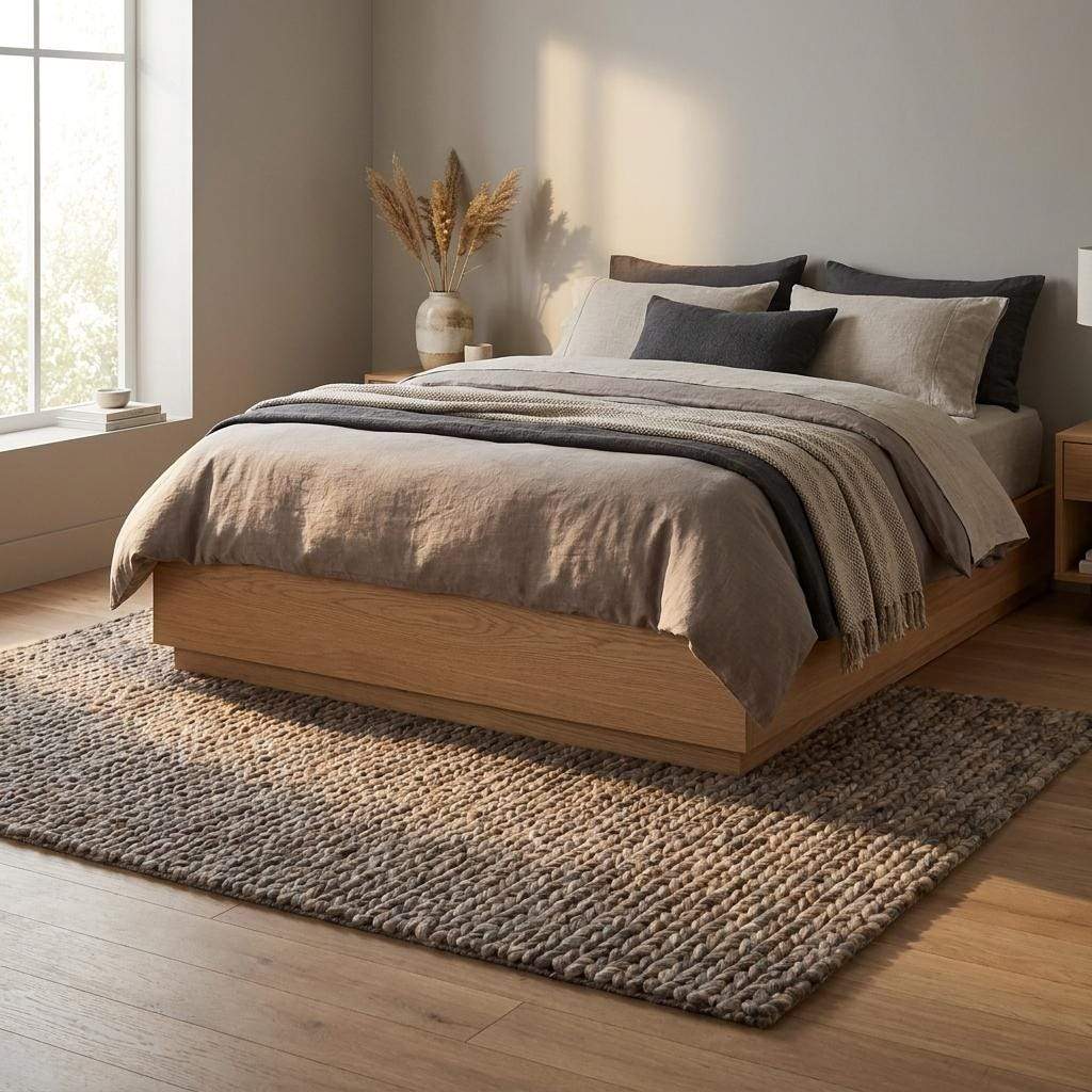 Handwoven chunky wool area rug with thick braided texture in neutral brown tones for modern farmhouse decor