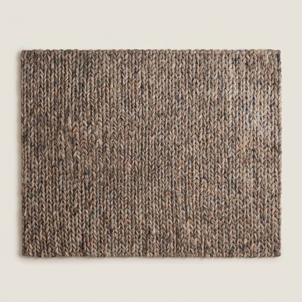 Handwoven chunky wool area rug with thick braided texture in neutral brown tones for modern farmhouse decor