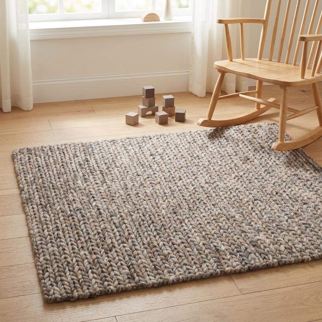 Chunky wool area rug with thick braided texture in neutral brown tones for modern farmhouse decor