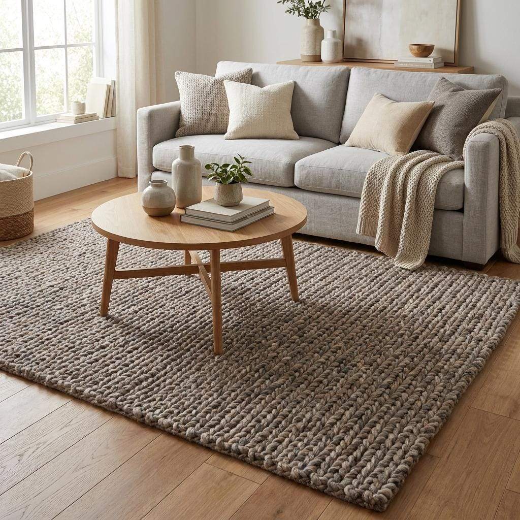 Chunky wool area rug with thick braided texture in neutral brown tones for modern farmhouse decor