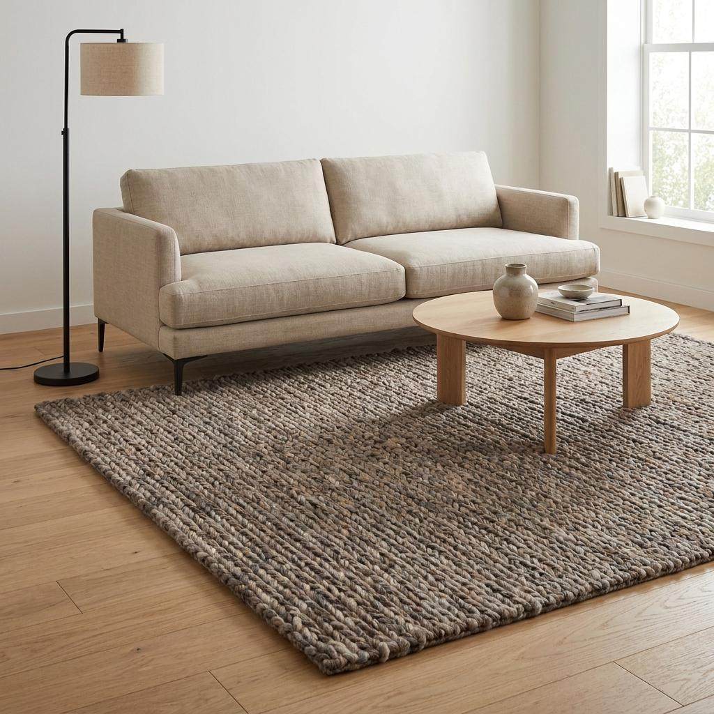 Handwoven chunky wool area rug with thick braided texture in neutral brown tones for modern farmhouse decor