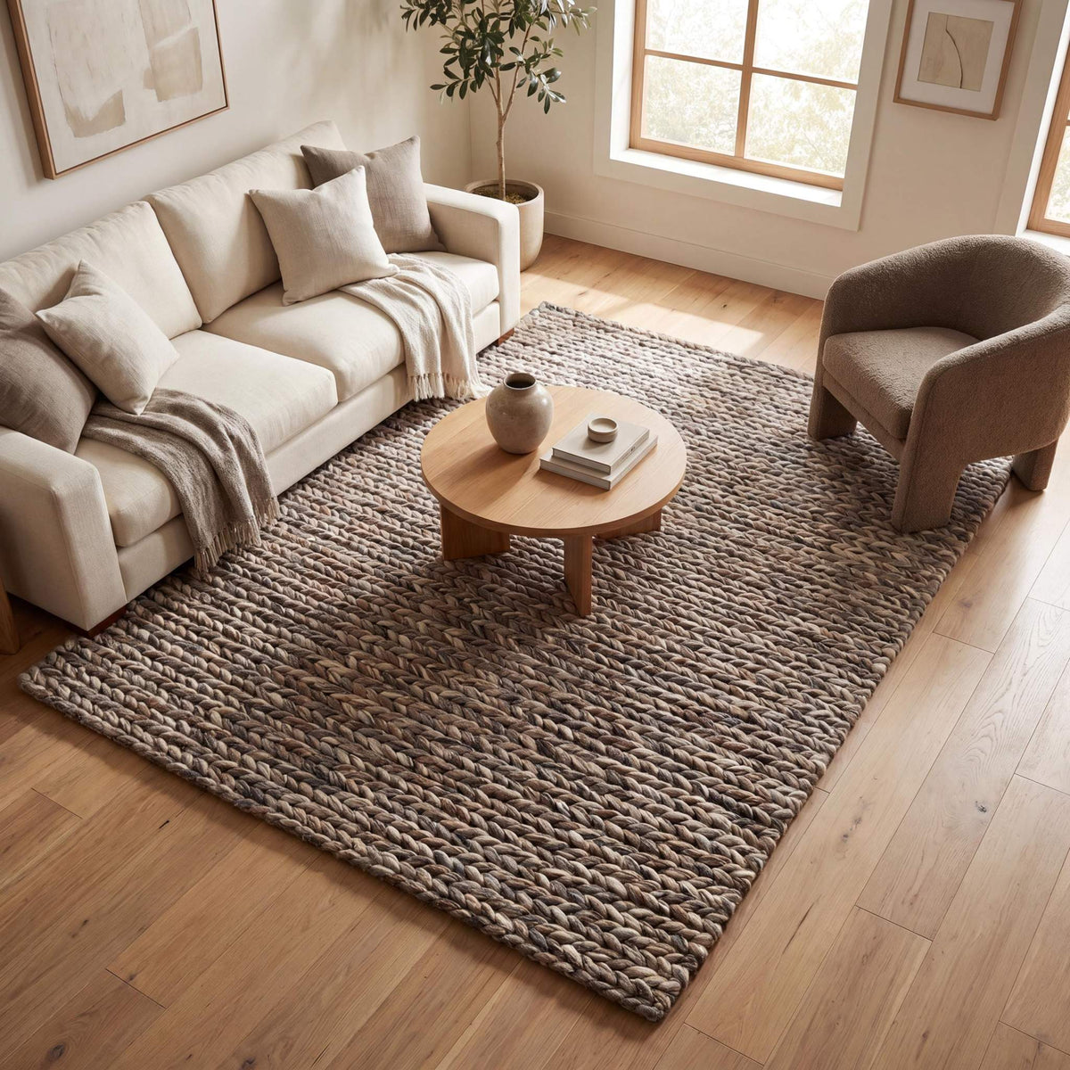 Handwoven chunky wool area rug with thick braided texture in neutral brown, perfect for modern farmhouse and minimalist decor