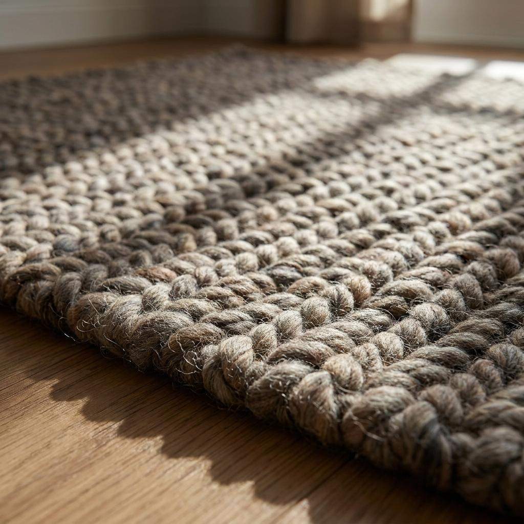Chunky wool area rug with thick braided texture in neutral brown tones for modern farmhouse decor