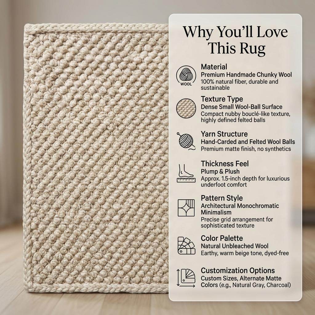 Handwoven chunky wool pebble rug in neutral tones for cozy minimalist living room decor