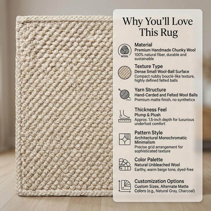 Handwoven chunky wool pebble rug in neutral tones for cozy minimalist living room decor