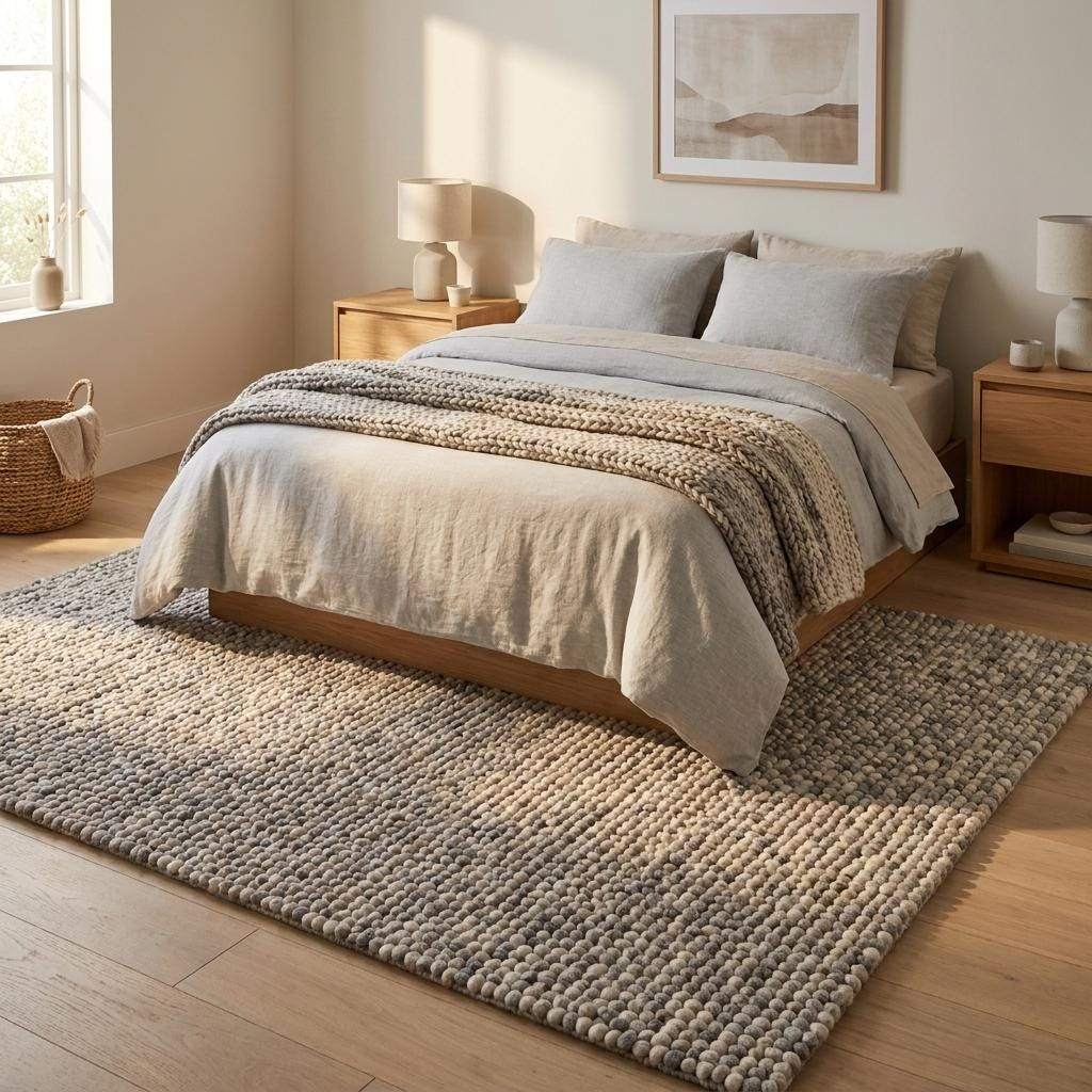 Handwoven chunky wool pebble rug in neutral tones on a modern Scandinavian living room floor