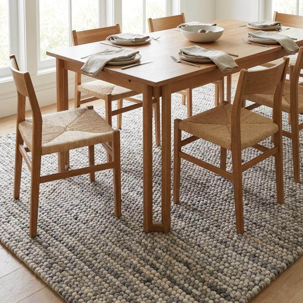 Handwoven chunky wool pebble rug in neutral tones, perfect for modern Scandinavian living room decor