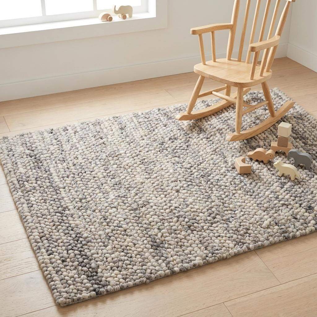 Handwoven chunky wool pebble rug in neutral tones, perfect for modern Scandinavian living rooms