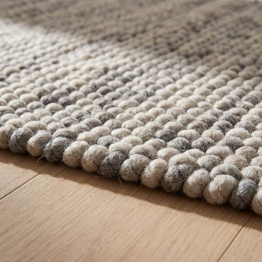 Handwoven chunky wool pebble rug in neutral tones on modern Scandinavian living room floor