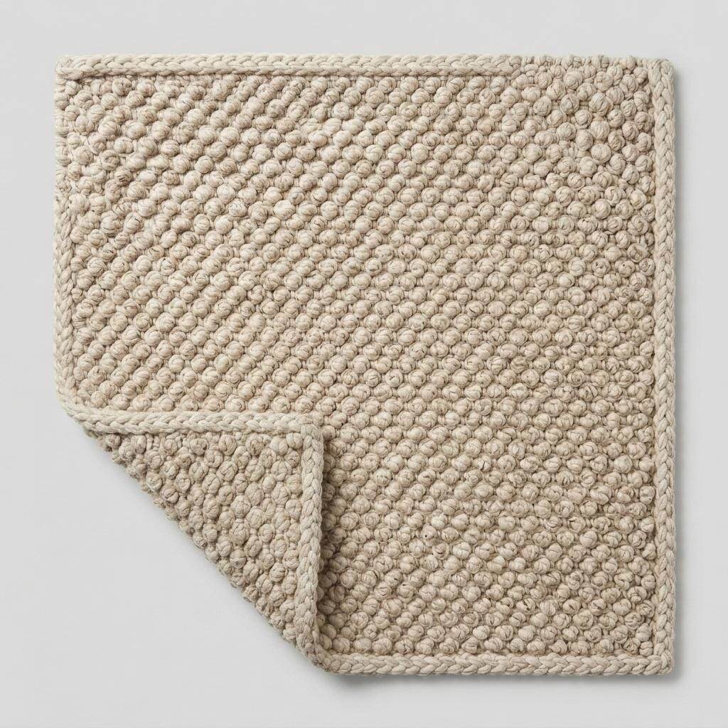 Handwoven chunky wool pebble rug with textured natural wool in neutral tones for cozy Scandinavian decor