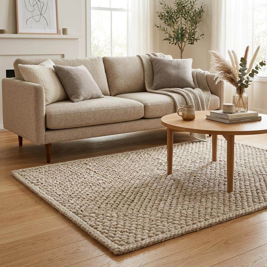 Handwoven chunky wool pebble rug in neutral tones with textured Scandinavian design for cozy minimalist decor