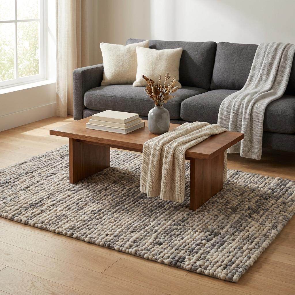 Chunky wool pebble rug in neutral tones handwoven for modern Scandinavian living room decor