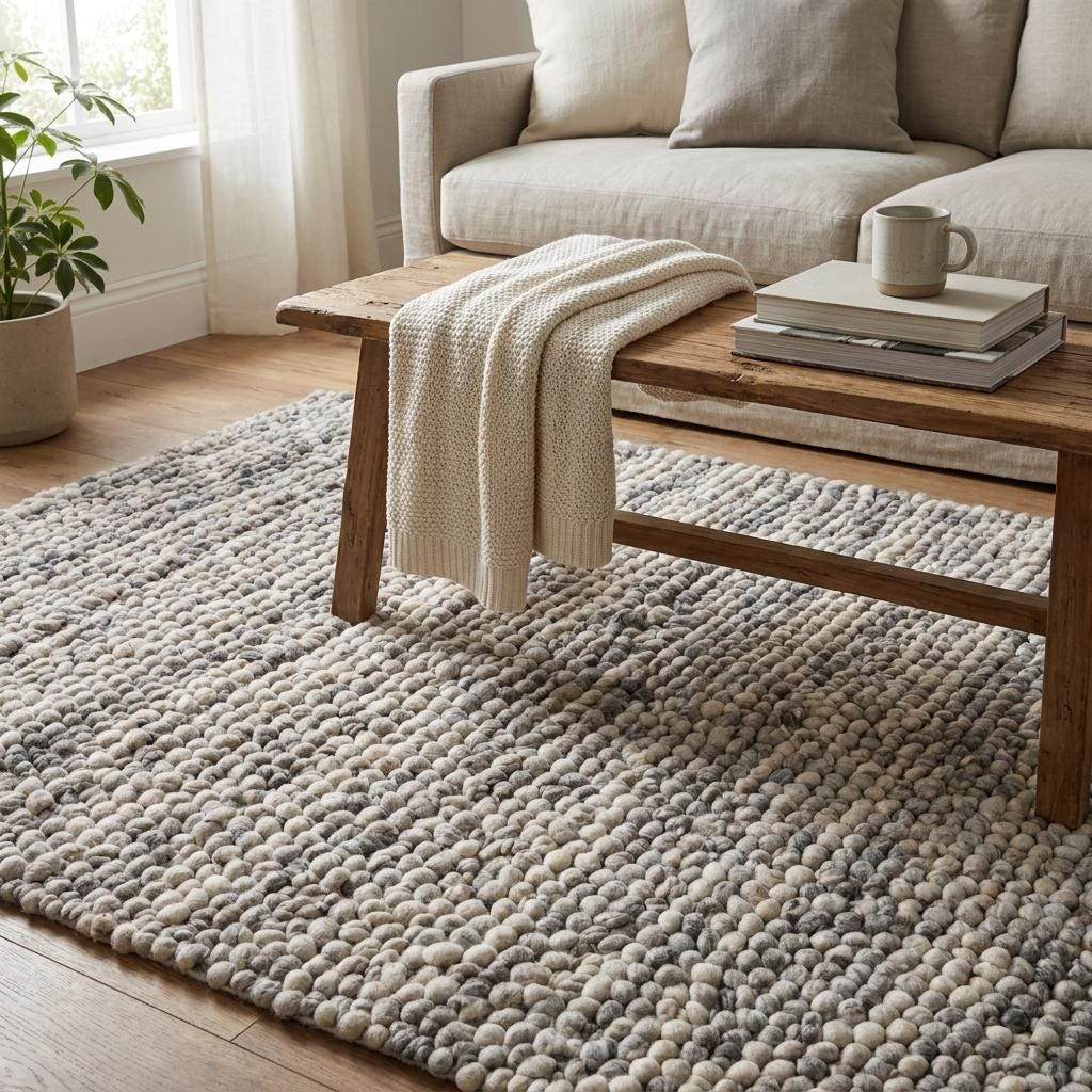 Handwoven chunky wool pebble rug in neutral tones on modern Scandinavian living room floor