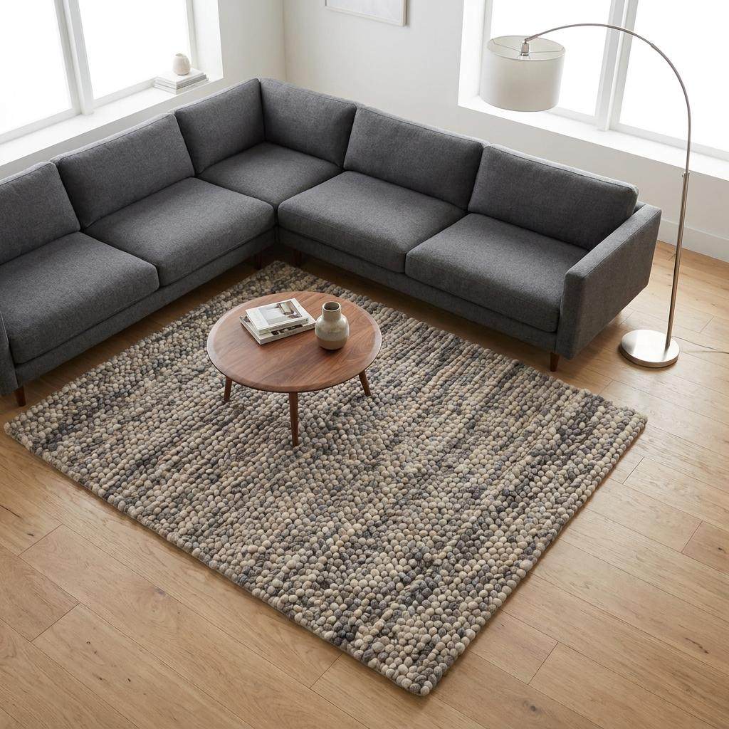 Handwoven chunky wool pebble rug in neutral tones in modern Scandinavian living room setting