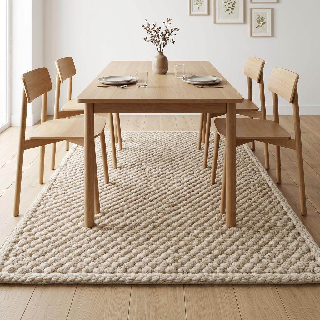 Handwoven chunky wool pebble rug in neutral tones with textured pebble weave for cozy minimalist living room decor