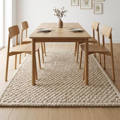 Handwoven chunky wool pebble rug in neutral tones with textured pebble weave for cozy minimalist living room decor