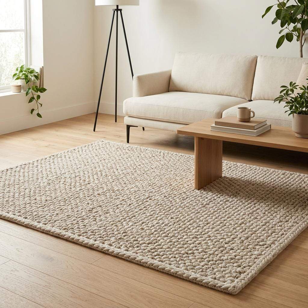 Handwoven chunky wool pebble rug in neutral tones for cozy Scandinavian living room decor