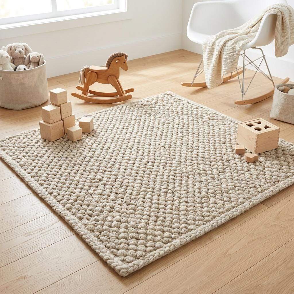 Handwoven chunky wool pebble rug in neutral tones for cozy Scandinavian living room decor