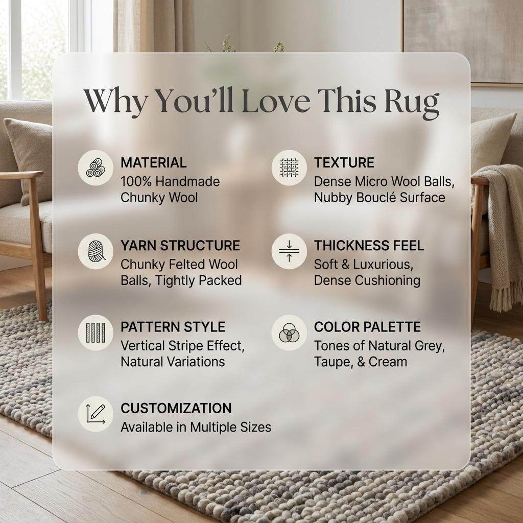 Handwoven chunky wool pebble rug in neutral tones on modern Scandinavian living room floor