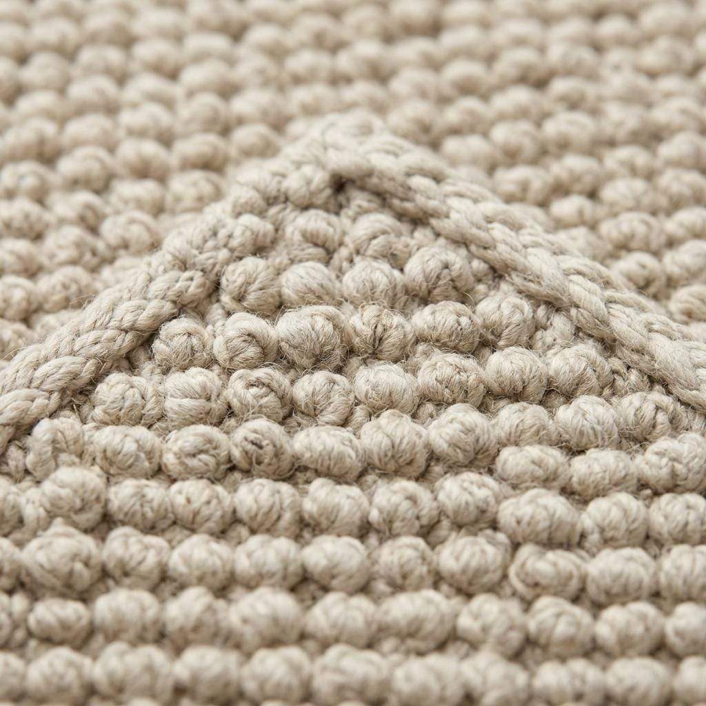 Handwoven chunky wool pebble rug in neutral tones with textured Scandinavian design for cozy minimalist home decor