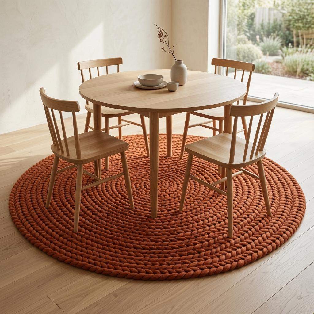 Handwoven chunky wool round rug in terracotta with braided knit texture for modern boho living room and nursery decor