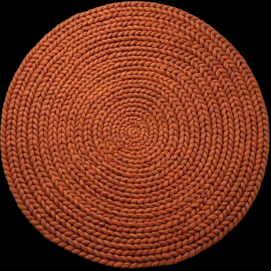 Handwoven chunky wool round rug in terracotta with braided knit texture for cozy modern boho spaces
