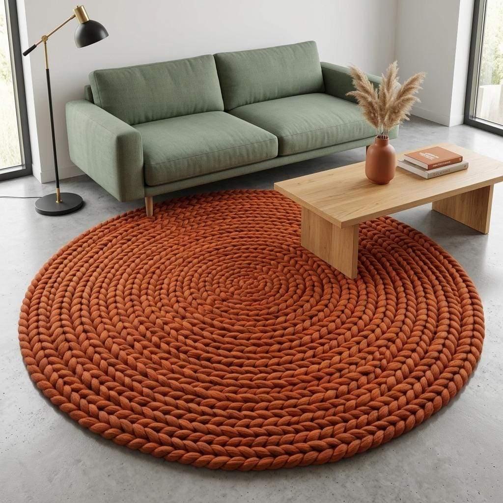 Handwoven chunky wool round rug in terracotta with braided knit texture for modern boho decor