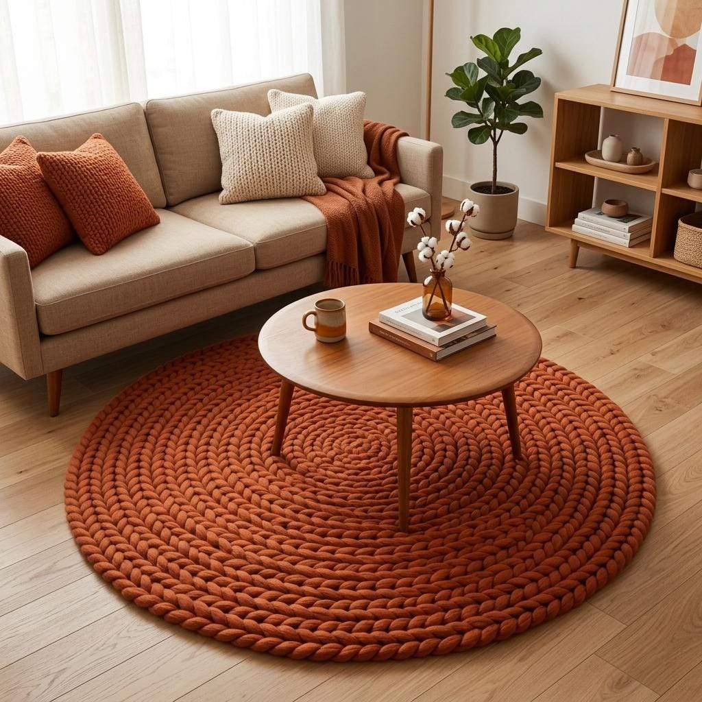 Handwoven chunky wool round rug in terracotta with braided knit texture for modern boho decor