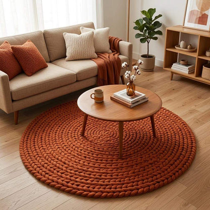 Handwoven chunky wool round rug in terracotta with braided knit texture for modern boho decor