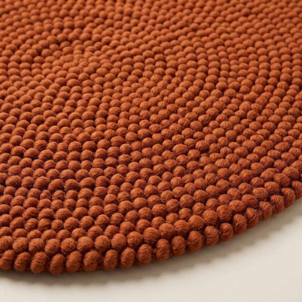 Handwoven chunky wool round rug in terracotta with braided knit texture for cozy modern boho decor