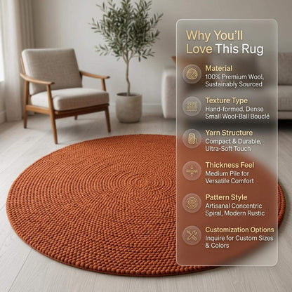 Handwoven chunky wool round rug in terracotta with braided knit texture for modern boho living room and nursery decor