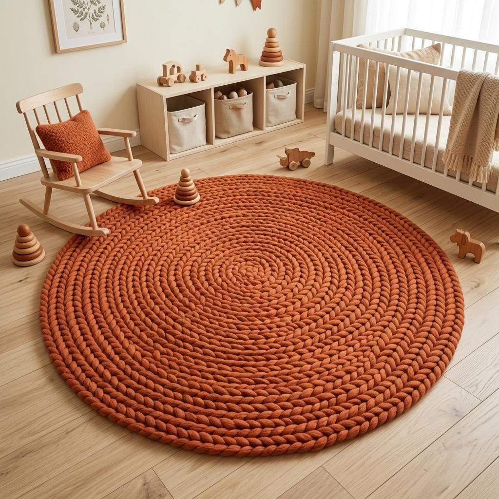 Handwoven chunky wool round rug in terracotta with braided knit texture for cozy modern boho living spaces