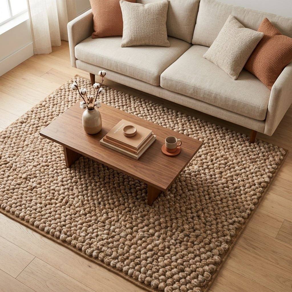 Chunky Wool Rug, Handwoven Pebble Texture Area Rug, Camel Beige Heathered Carpet, Modern Organic Minimalist Decor, Thick Cozy Living Room Floor Rug