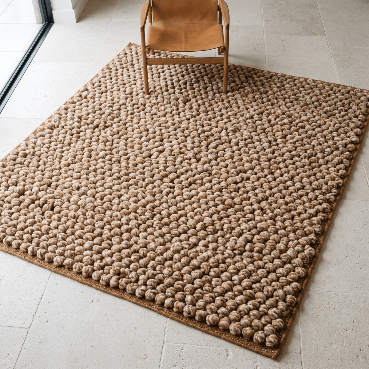 Chunky Wool Rug in camel beige wool-style fibers, with a thick raised pebble texture and heathered tones