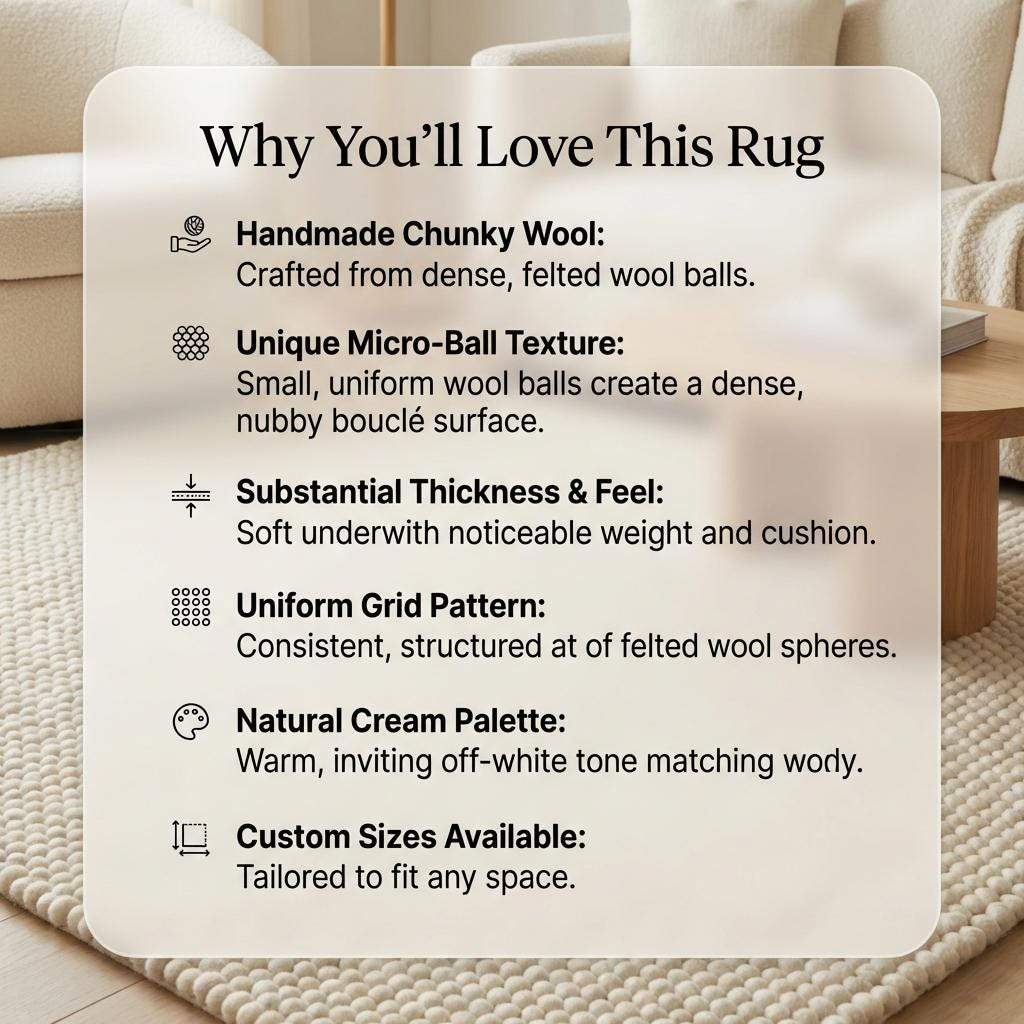 Chunky wool rug in neutral tones with thick, handmade texture for Scandinavian minimalist living room decor