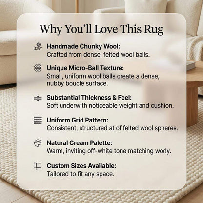 Chunky wool rug in neutral tones with thick, handmade texture for Scandinavian minimalist living room decor