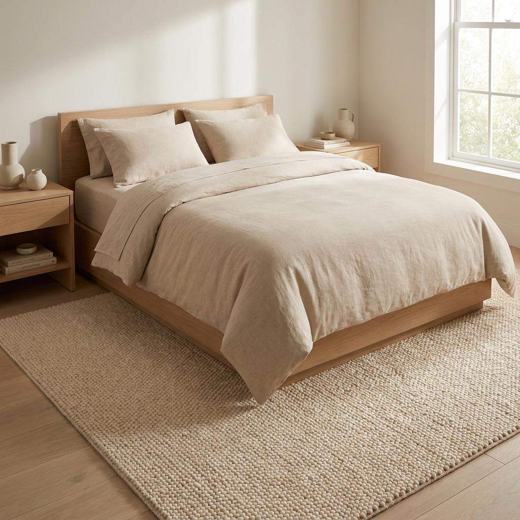 Chunky wool rug with thick handwoven loop pile in neutral cream for cozy minimalist home decor