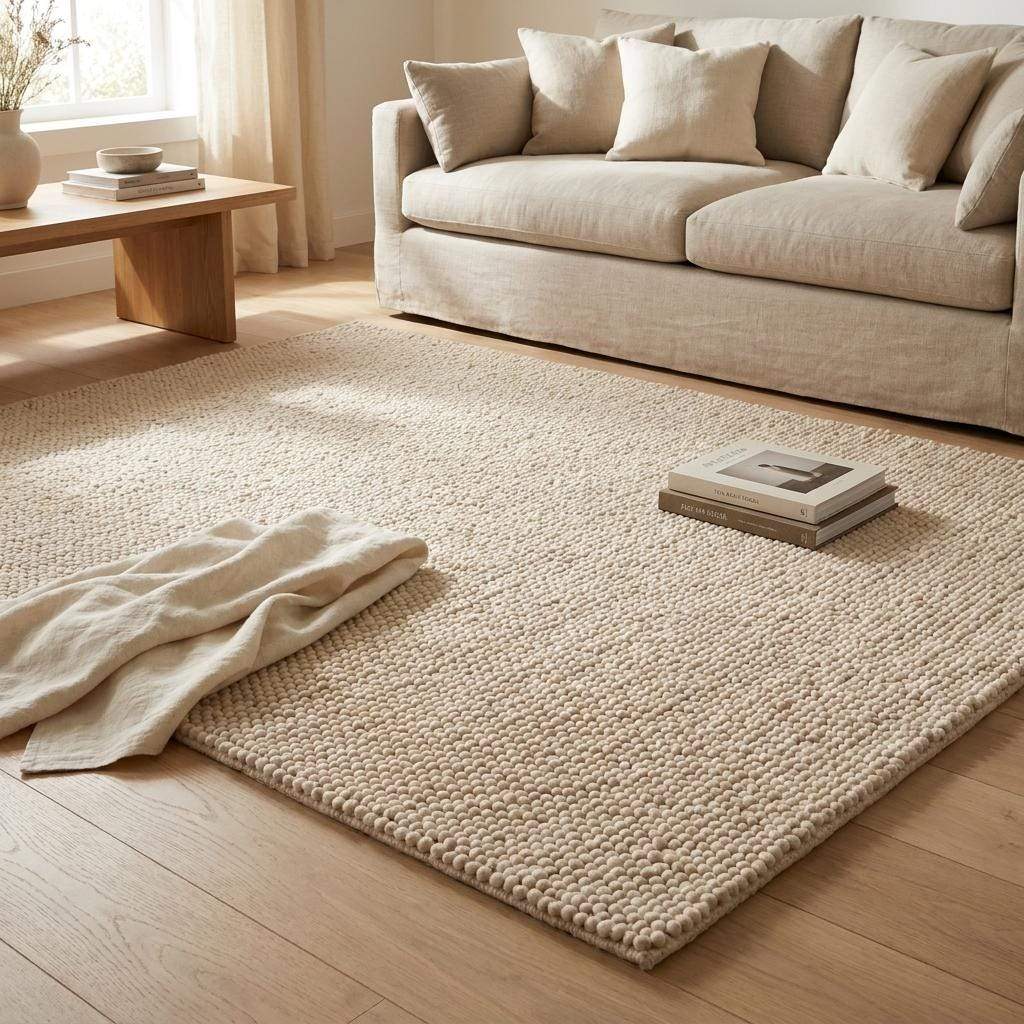 Chunky wool rug with thick handwoven loop pile in neutral cream for cozy minimalist home decor