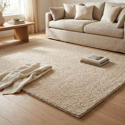 Chunky wool rug with thick handwoven loop pile in neutral cream for cozy minimalist home decor