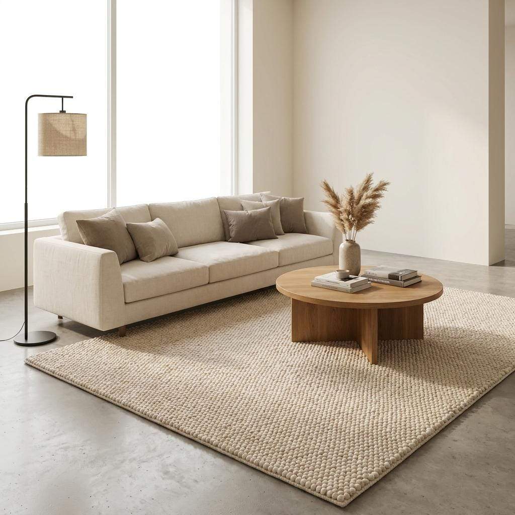 Chunky wool rug with thick handwoven loop pile in neutral cream for cozy minimalist decor