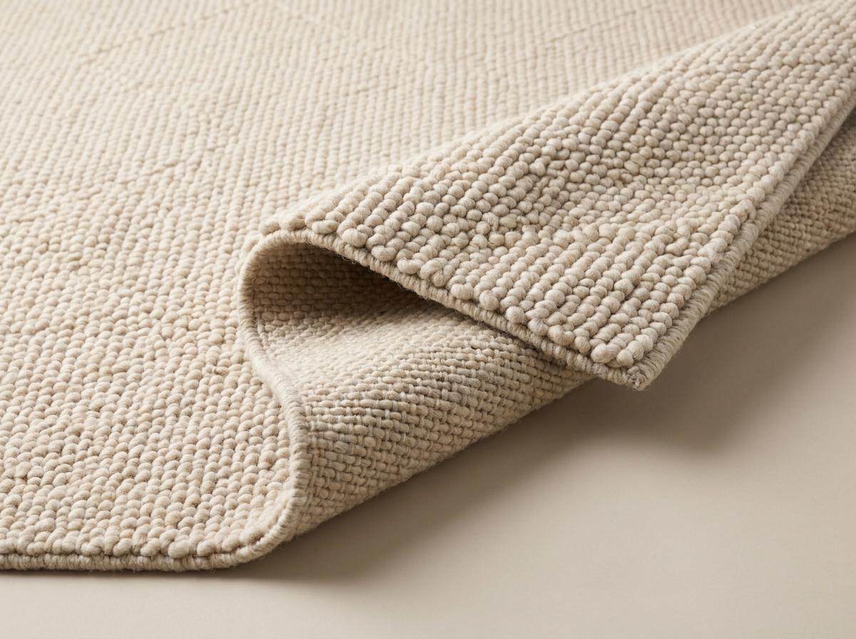 Chunky wool rug with thick handwoven loop pile in neutral cream for cozy minimalist home decor