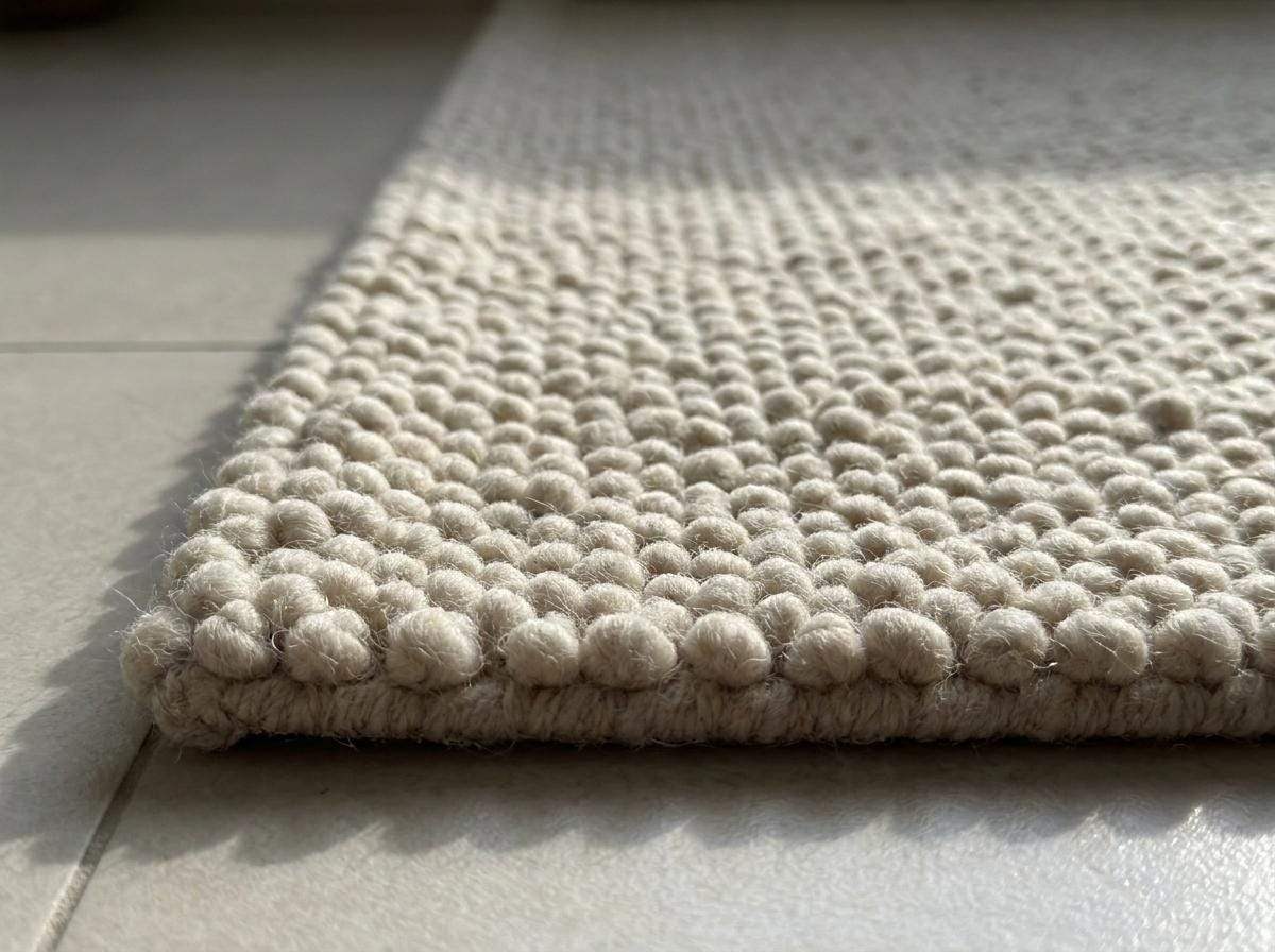 Chunky wool rug with thick handwoven loop pile in neutral cream for cozy minimalist home decor