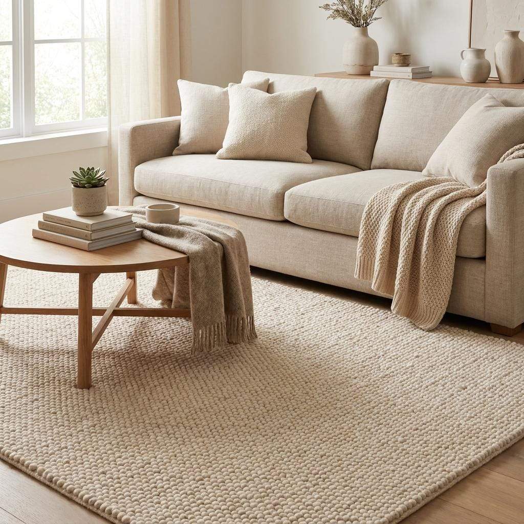 Chunky wool rug handwoven loop pile in neutral cream for cozy minimalist home decor